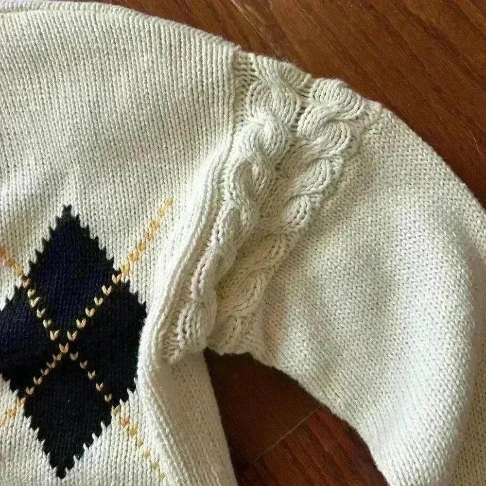 Vintage 90's Argyle Cardigan Sweater Shoulder Pads Country Club Prep size Large